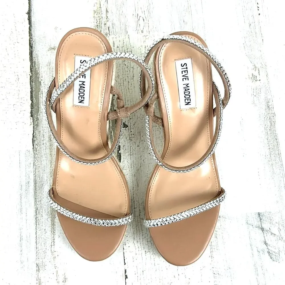 Steve Madden Womens 9.5 Rhinestone Strappy Espadrille Platform Wedge Sandals NEW